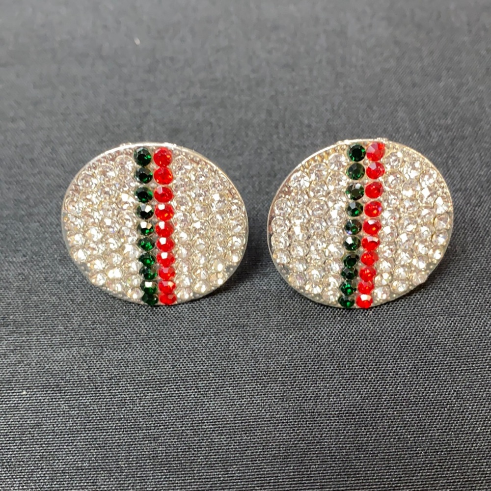 Rhinestone circle clipon earrings silver red green